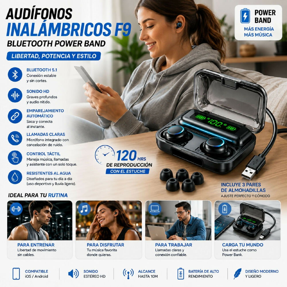 Audífonos Inalámbricos F9 Bluetooth Power Bank Estuche Carga Emergencia Y Sonido HD