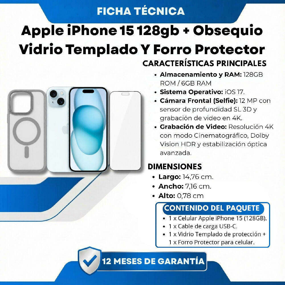 Celular Apple IPhone 15 128gb + Obsequio Vidrio Templado Y Forro Protector Celeste