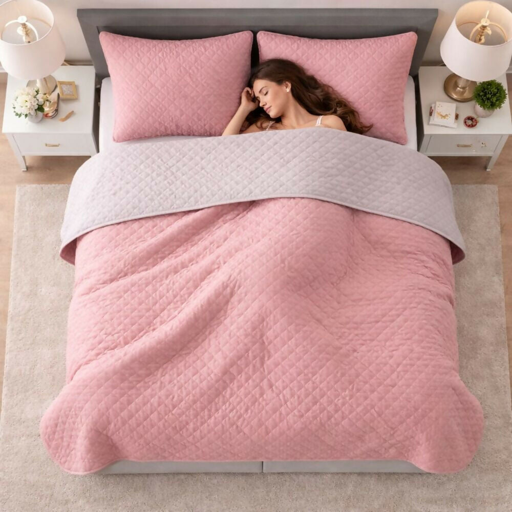 Colcha semidoble doble faz gris rosado