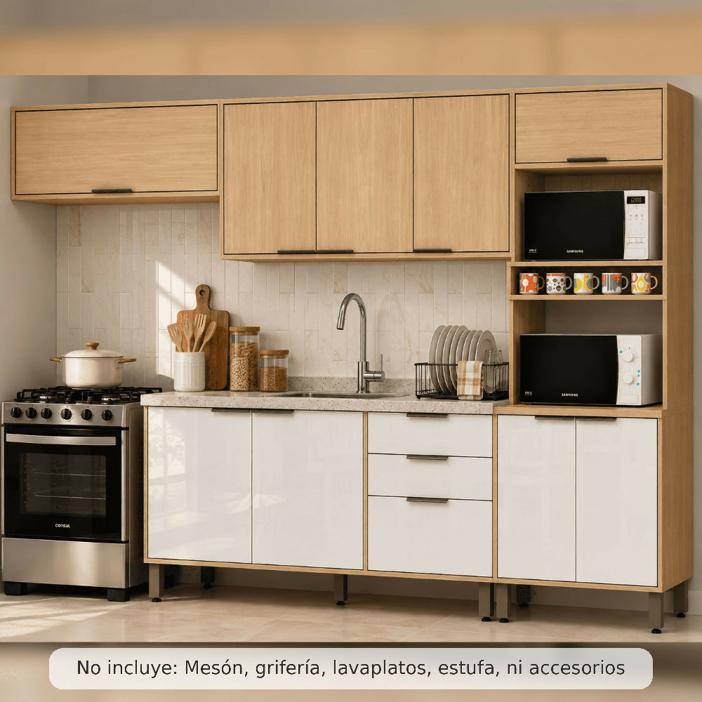 Cocina 270 cm Elba 11 Puertas 2 Cajones - Almendra/Blanco Apagado