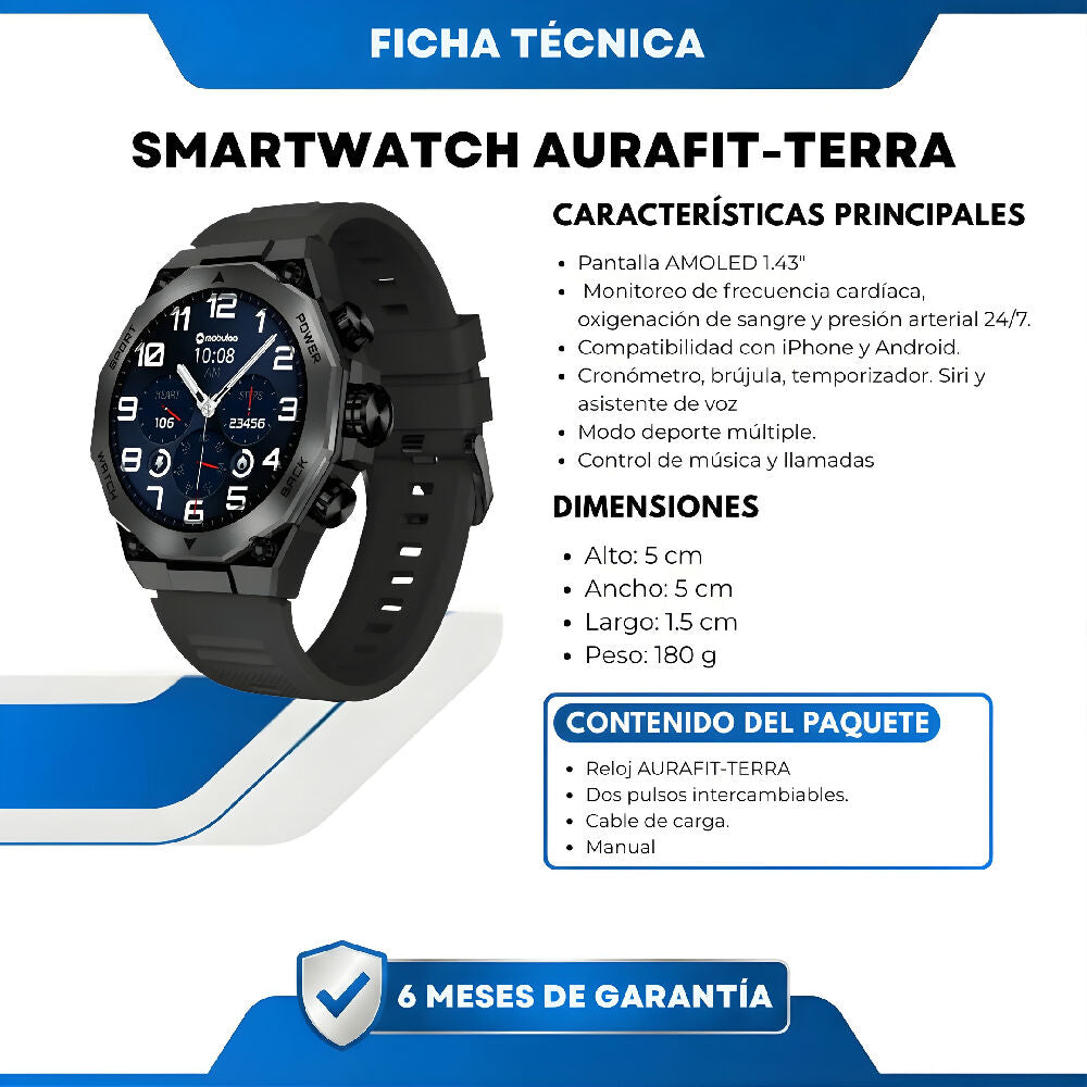 Smartwatch Mobulaa Aurafit Terra Reloj Inteligente Deportivo Con Llamadas Bluetooth, Monitor Fitness Y Notificaciones