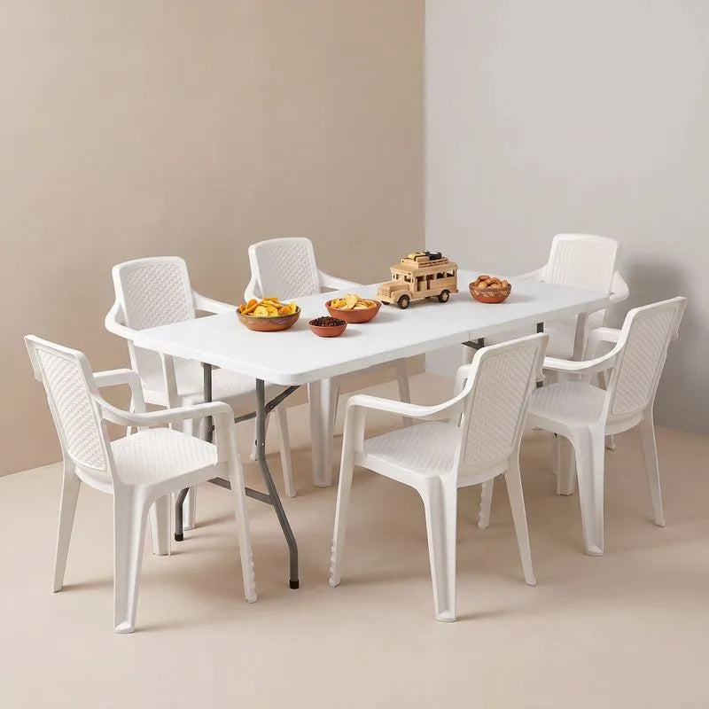 Combo Banquetero, 1 Mesa Banquetera, 6 Sillas Eterna con Brazos Blanco Arena