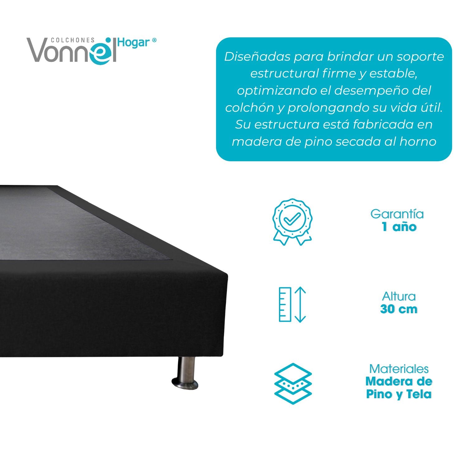 Base Cama Inox 100x190x20, Negro