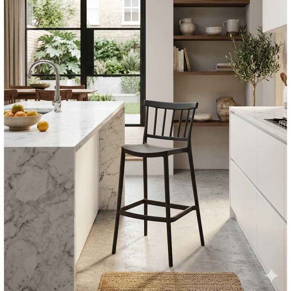 Silla para Bar Oxford, Negro, Con espaldar en barras y diseño minimalista X2