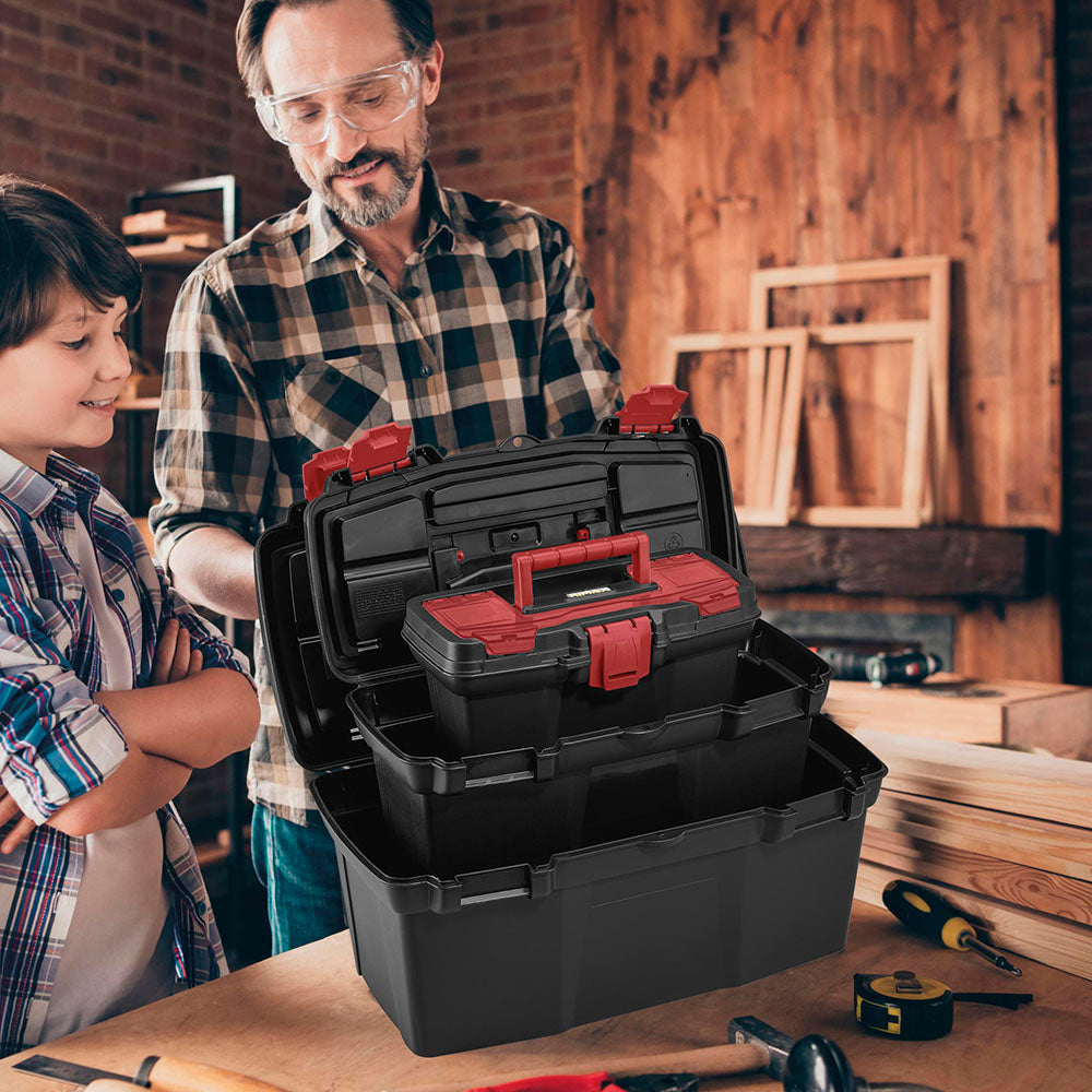 Caja Herramientas Combo 19" + 16" + 11" Apilable Cerradura Plástica Negro