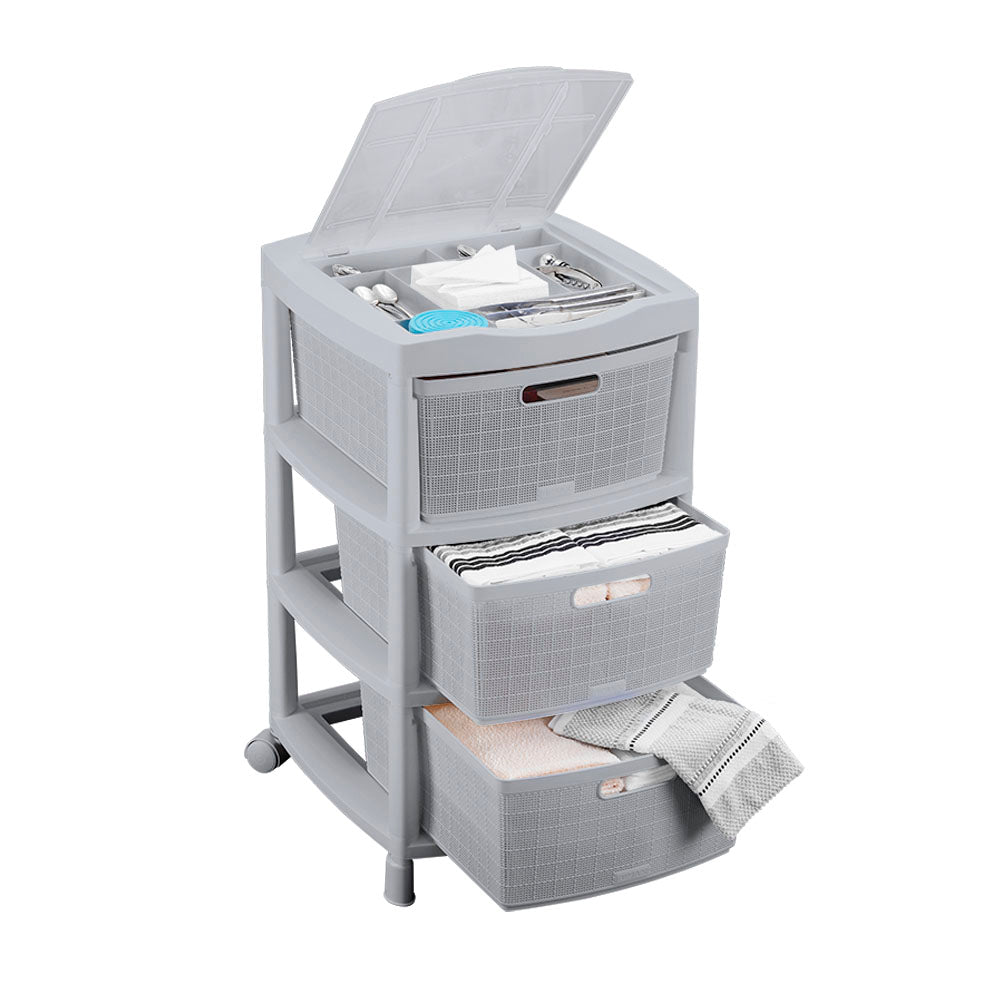 Gavetero Fique con 3 Gavetas y Tapa Organizadora Gris Hielo