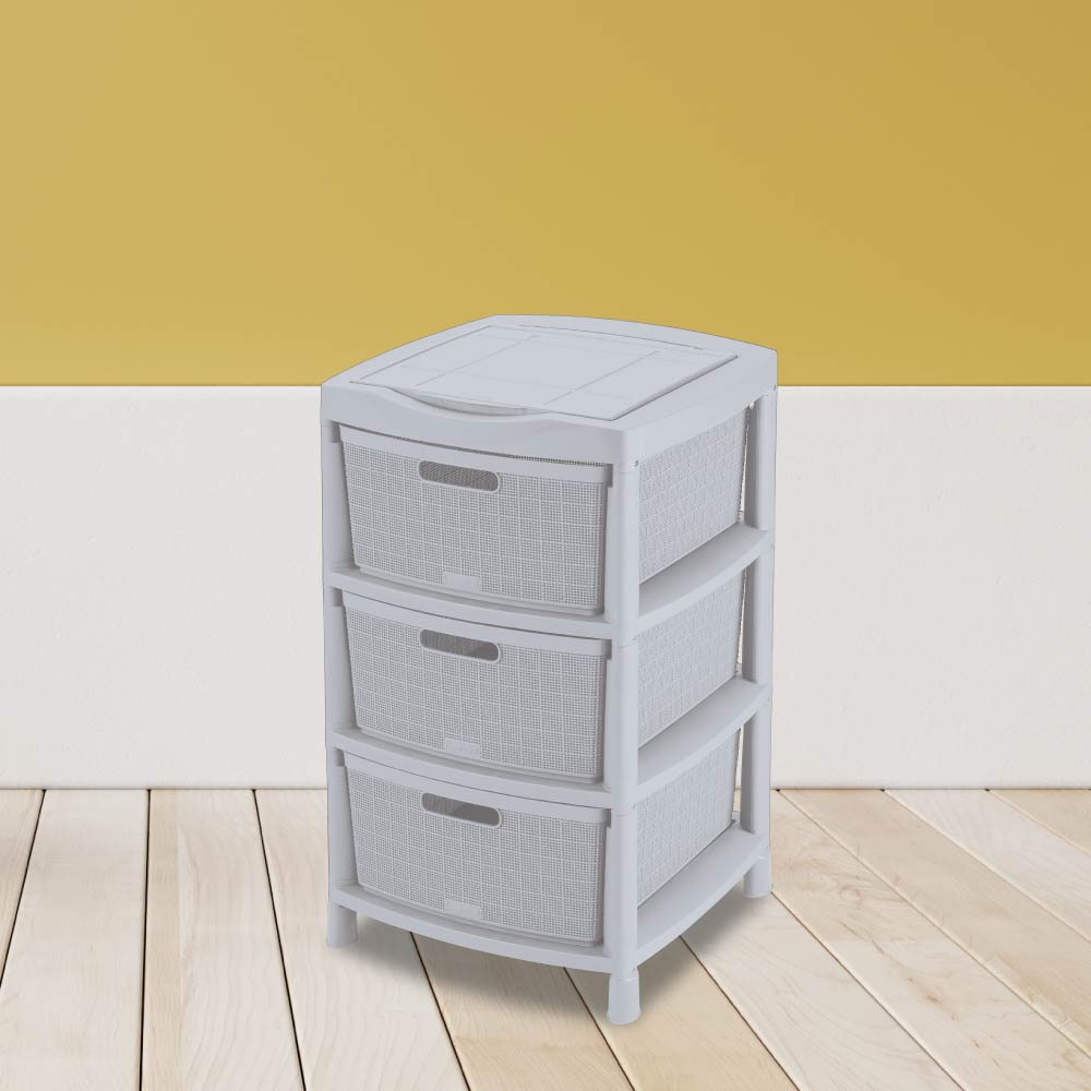 Gavetero Fique con 3 Gavetas y Tapa Organizadora Gris Hielo