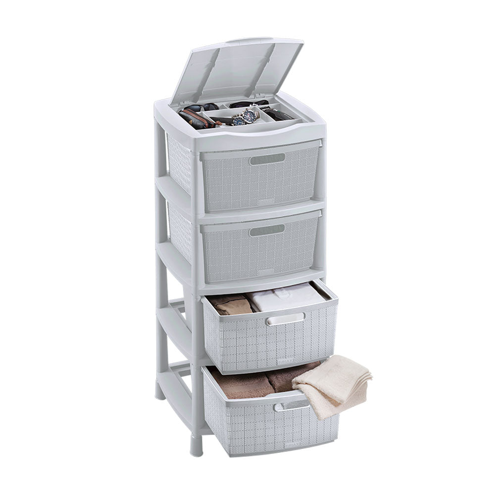 Gavetero Fique Con 4 Gavetas y Tapa Organizadora Gris Hielo