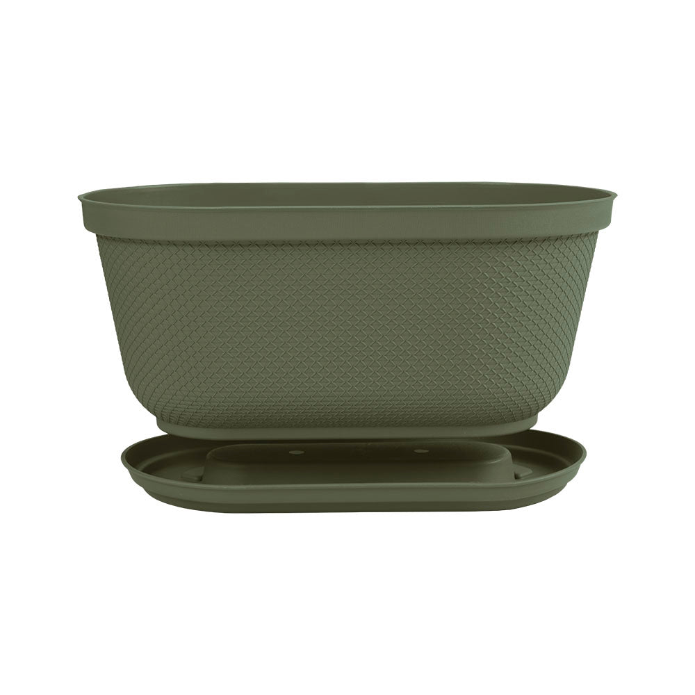 Matera Ovalada Rafia 40 cm con Plato Verde Musgo