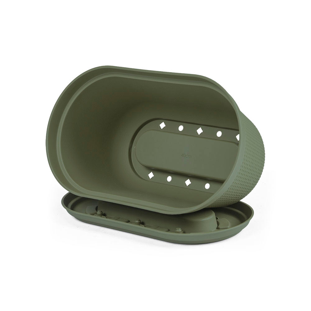 Matera Ovalada Rafia 40 cm con Plato Verde Musgo
