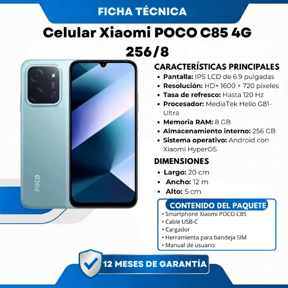 Celular Xiaomi POCO C85 4G 256/8 Procesador Octa-Core Aguamarina