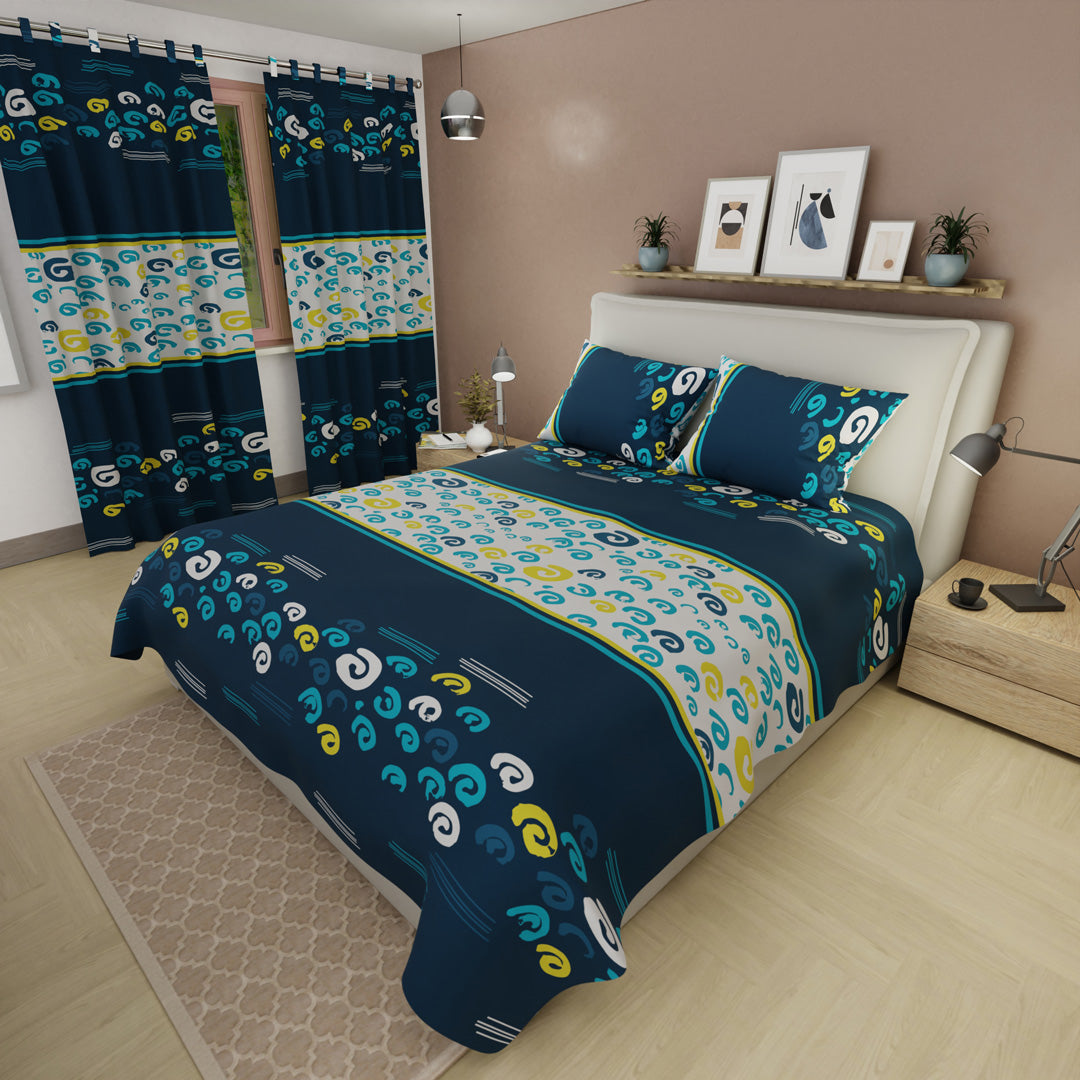 Juego de Sábanas con Cortinas Vórtice Creativo Azul 1.60 X 1.90