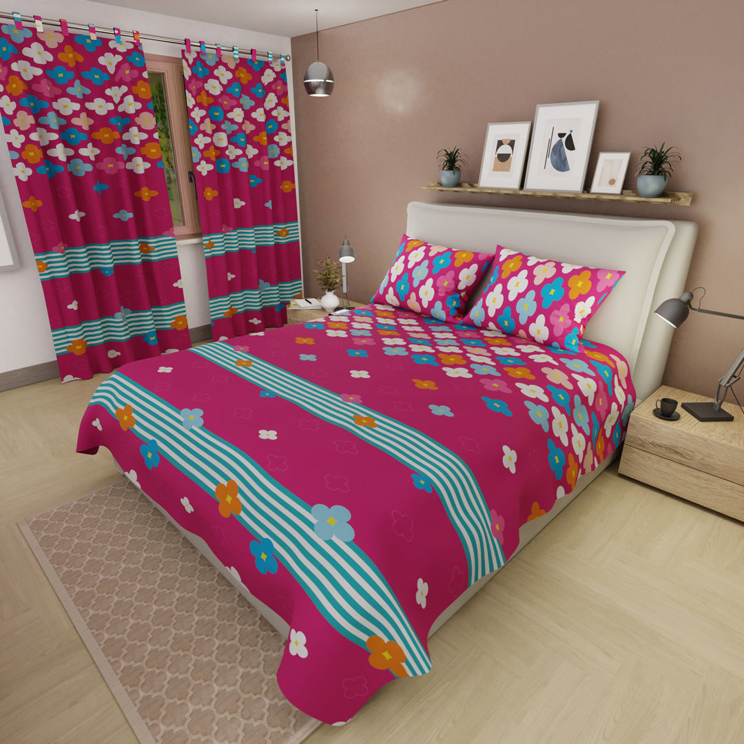 Juego de Sábanas con Cortinas Fiesta Floral Fucsia 1.60 X 1.90