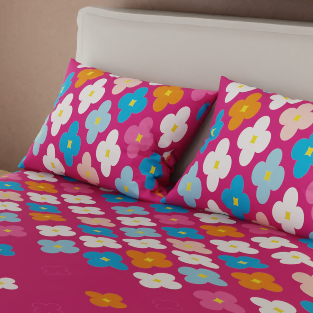 Juego de Sábanas con Cortinas Fiesta Floral Fucsia 1.60 X 1.90