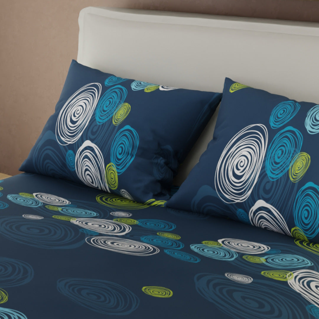 Juego de Sábanas con Cortinas Ritmo Circular Azul 1.60 X 1.90