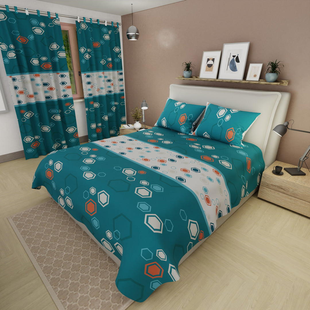 Juego de Sábanas con Cortinas Mosaico Moderno en Azul 1.60 X 1.90