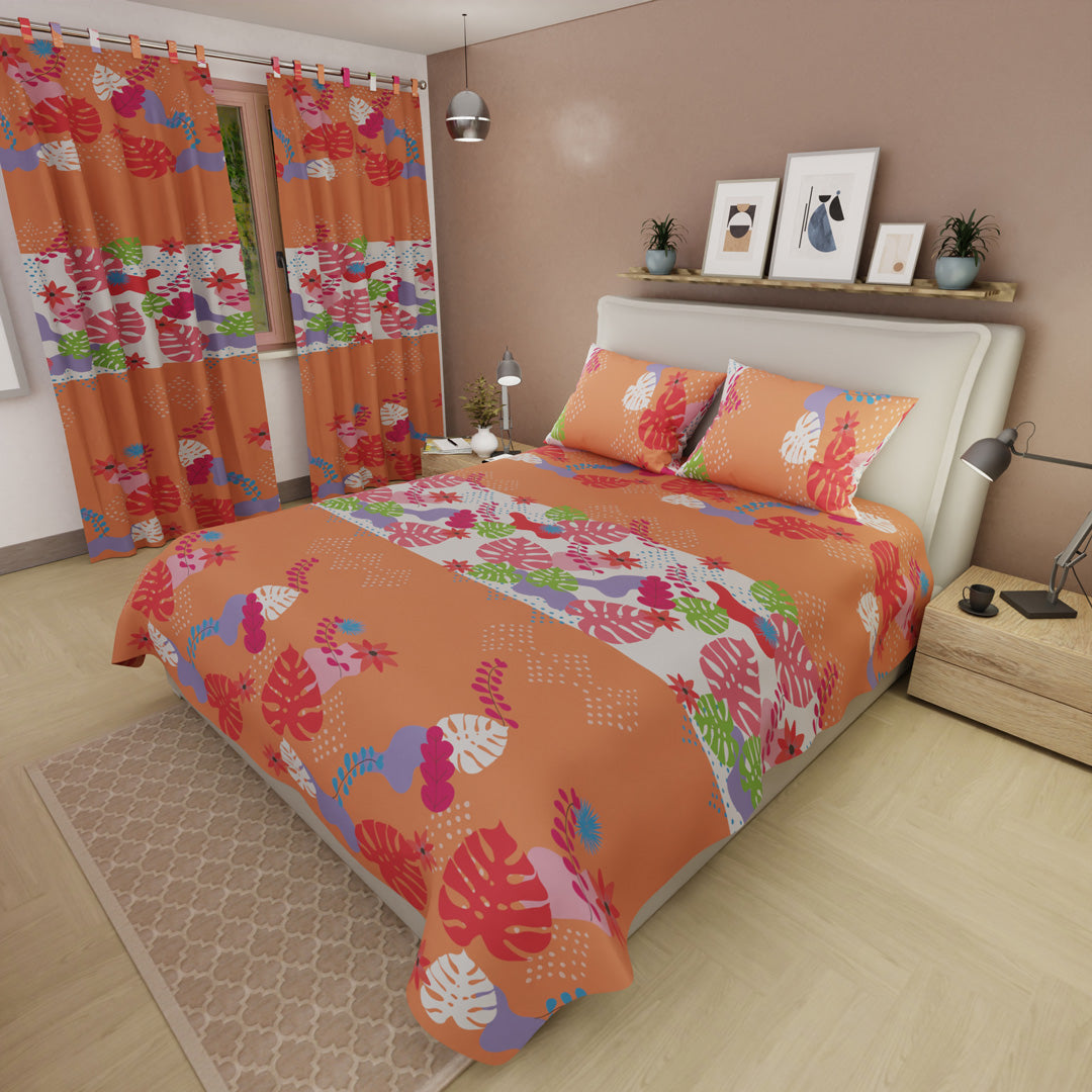 Juego De Sábanas Microfibra Suavizada Estampa Tropical Naranja
