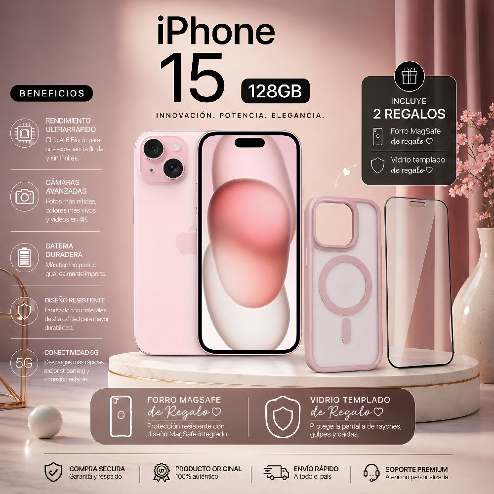 Celular Apple IPhone 15 128gb + Obsequio Vidrio Templado Y Forro Protector Rosado