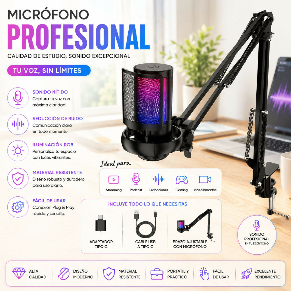 Micrófono Gamer USB Con Botón De Silencio Y Luces RGB T10