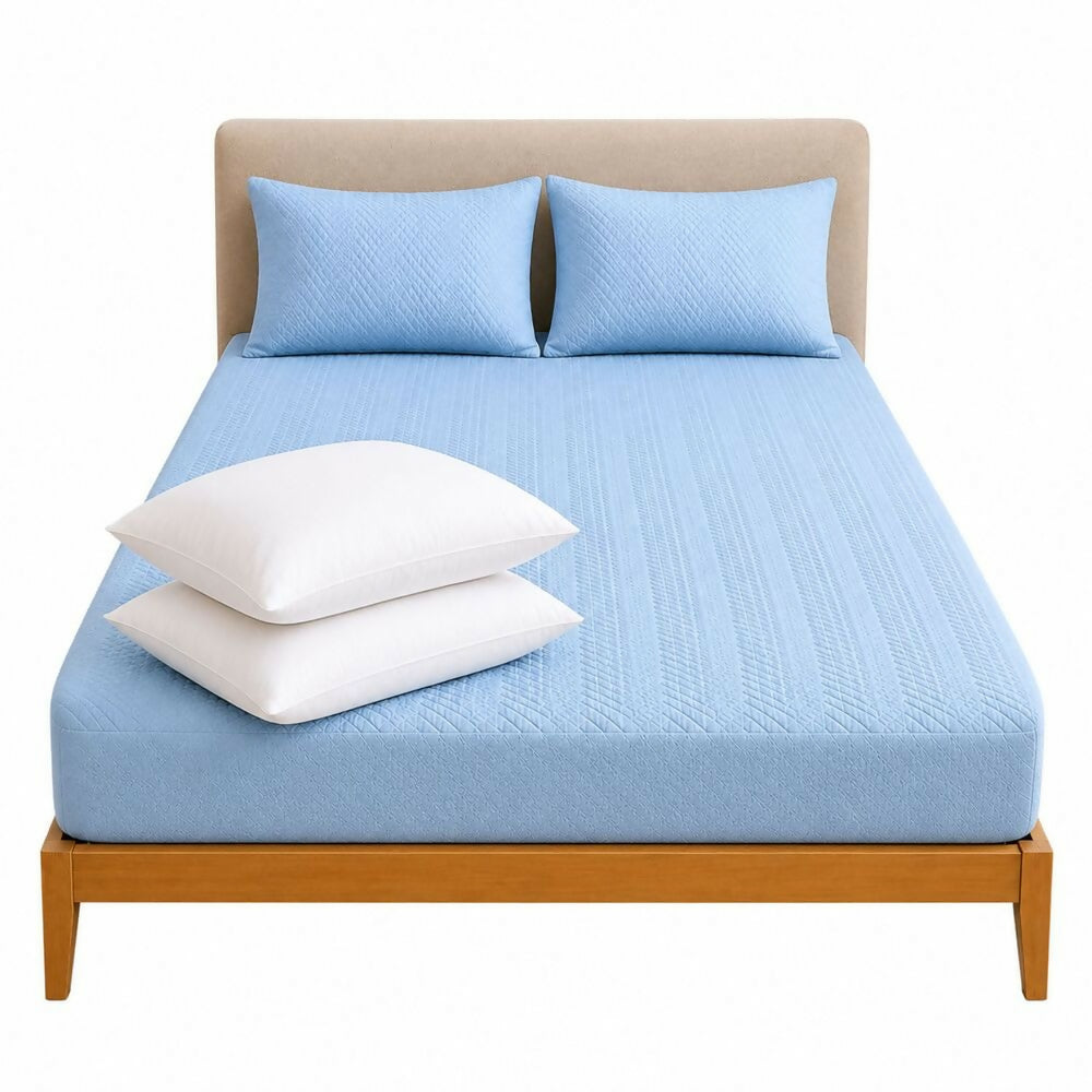 Combo protector colchon + 2 almohadas siliconadas doble celeste