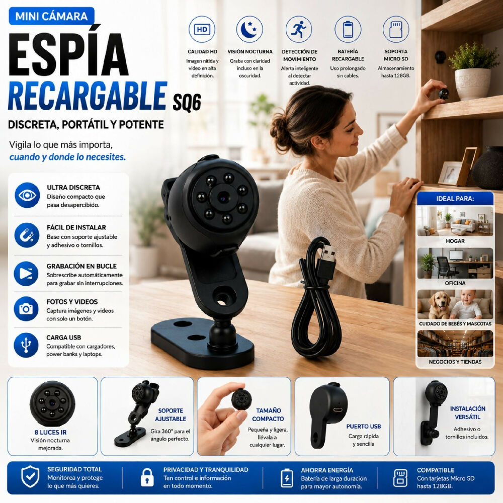 Mini Cámara Espía Recargable SQ6 El Tamaño Más Compacto Para Proteger Tu Hogar U Oficina