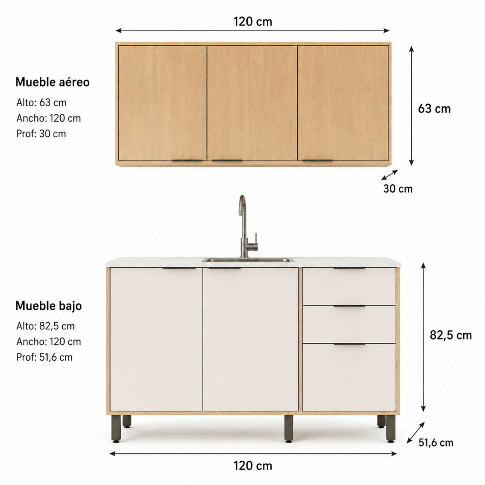 Cocina 120 cm Canarias 6 Puertas 2 Cajones - Almendra/Blanco Apagado