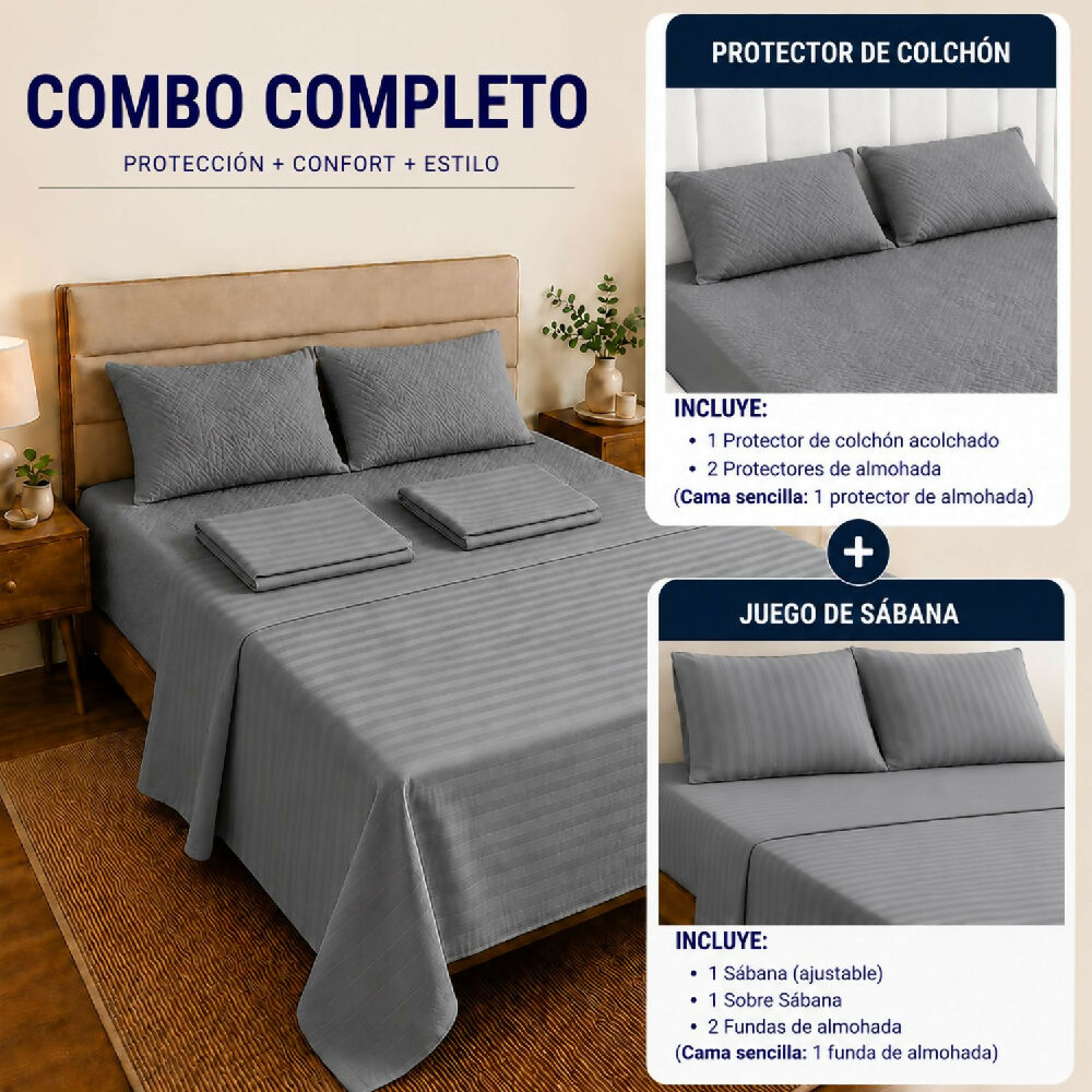 Combo protector colchon + Juego de sábanas sencilla gris
