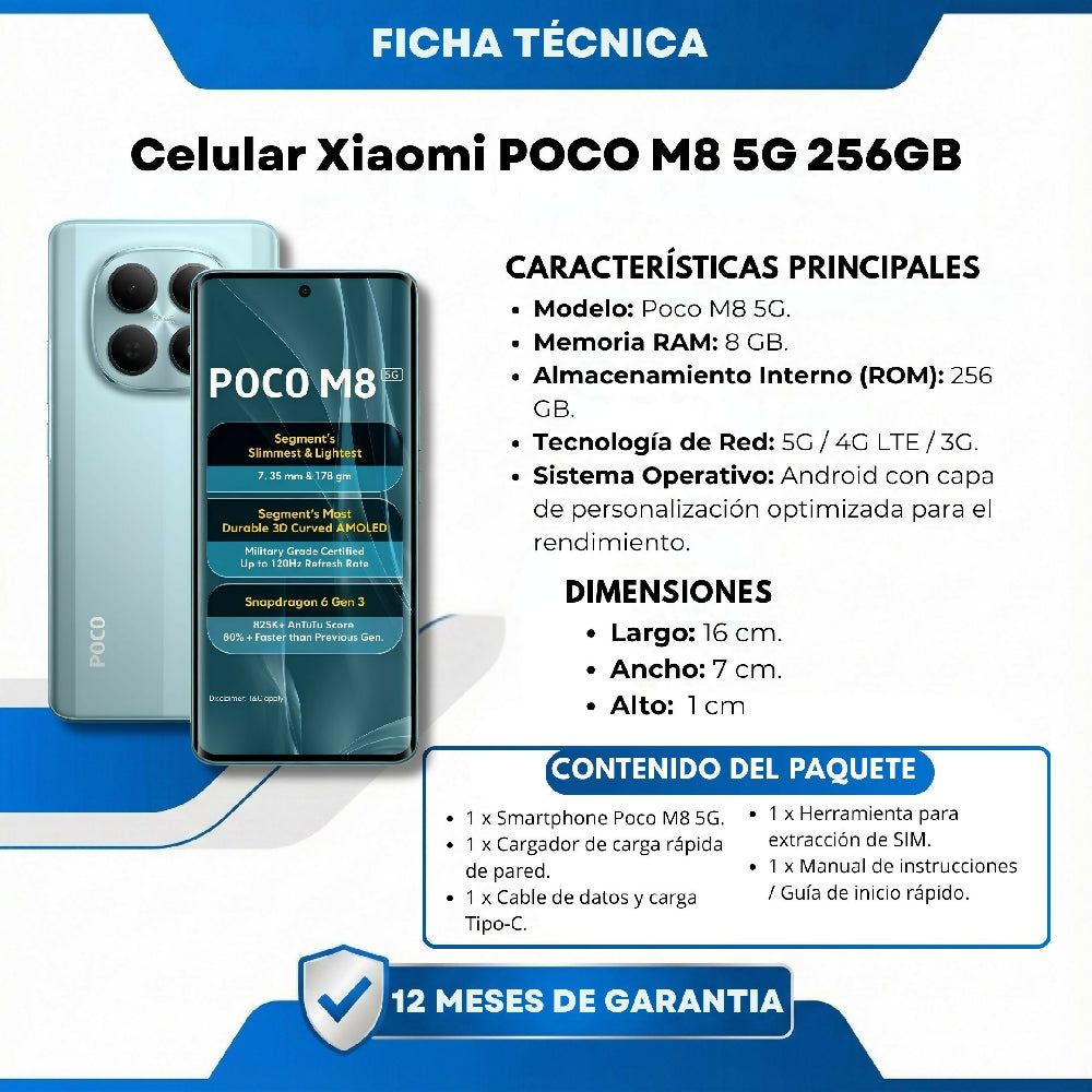 Celular POCO M8 5G 256GB Almacenamiento Y 8GB RAM Pantalla Pro Celeste