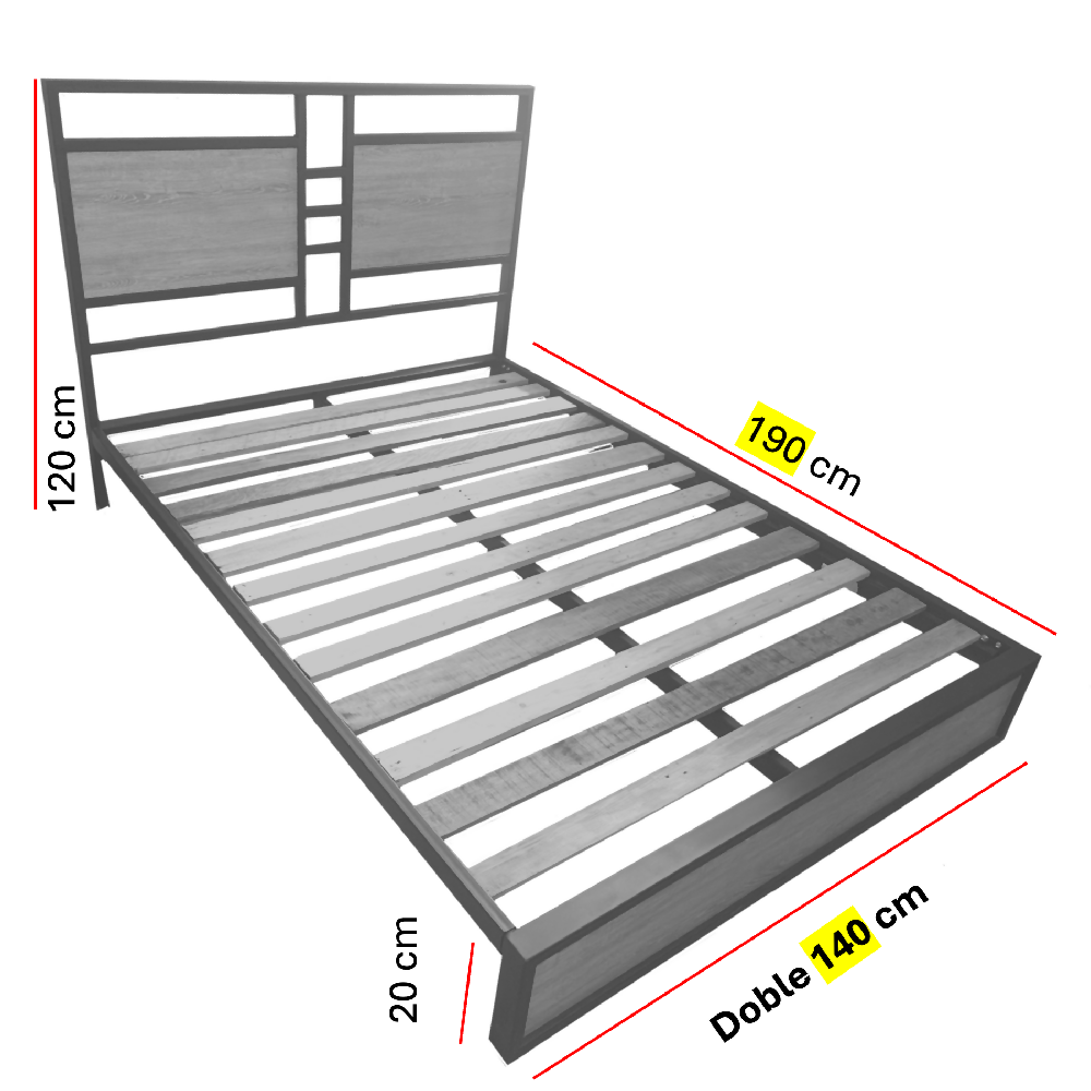 Cama Doble Metal Madera Amatista Gris 140 x 190 x 24