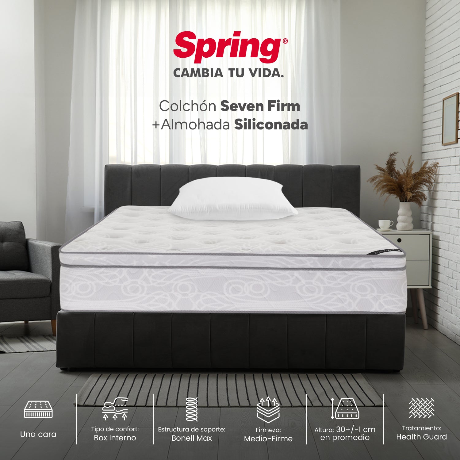 Combo Colchón Spring  Seven Firm Sencillo 100X190 Cm +  Set Almohada Siliconada