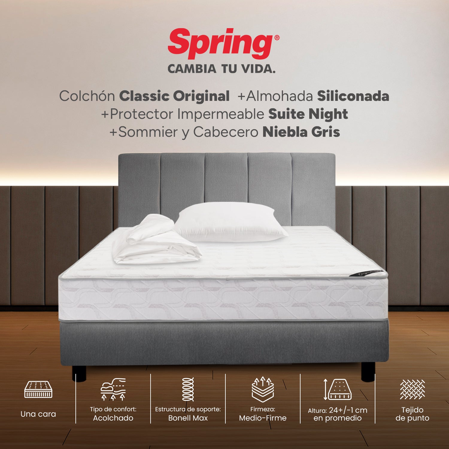 Combo Colchón Spring Classic Original Sencillo 100X190 Cm + Base Cama Gris + Cabecero Gris + Almohada Siliconada + Protector Impermeable