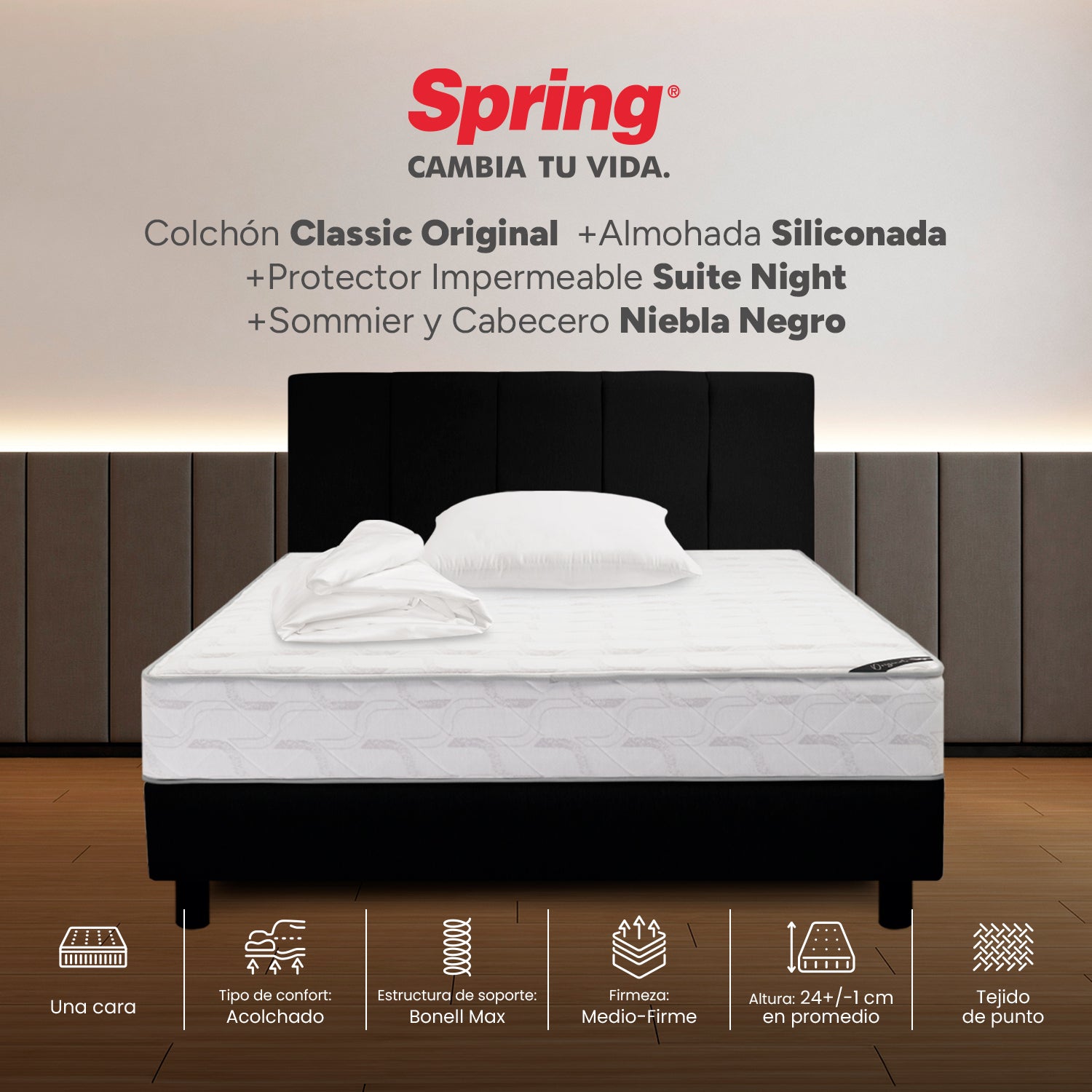 Combo Colchón Spring Classic Original Sencillo 100X190 Cm + Base Cama Negra + Cabecero Negro + Almohada Siliconada + Protector Impermeable