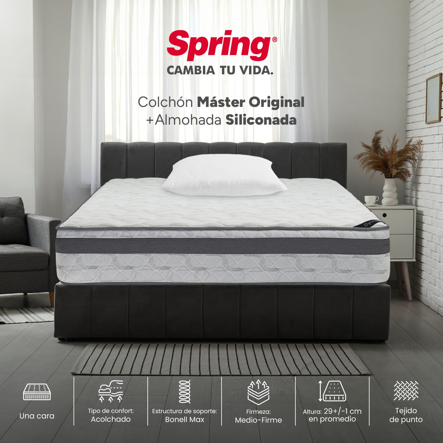 Combo Colchón Spring  Master Original Sencillo 100X190 Cm +  Set Almohada Siliconada