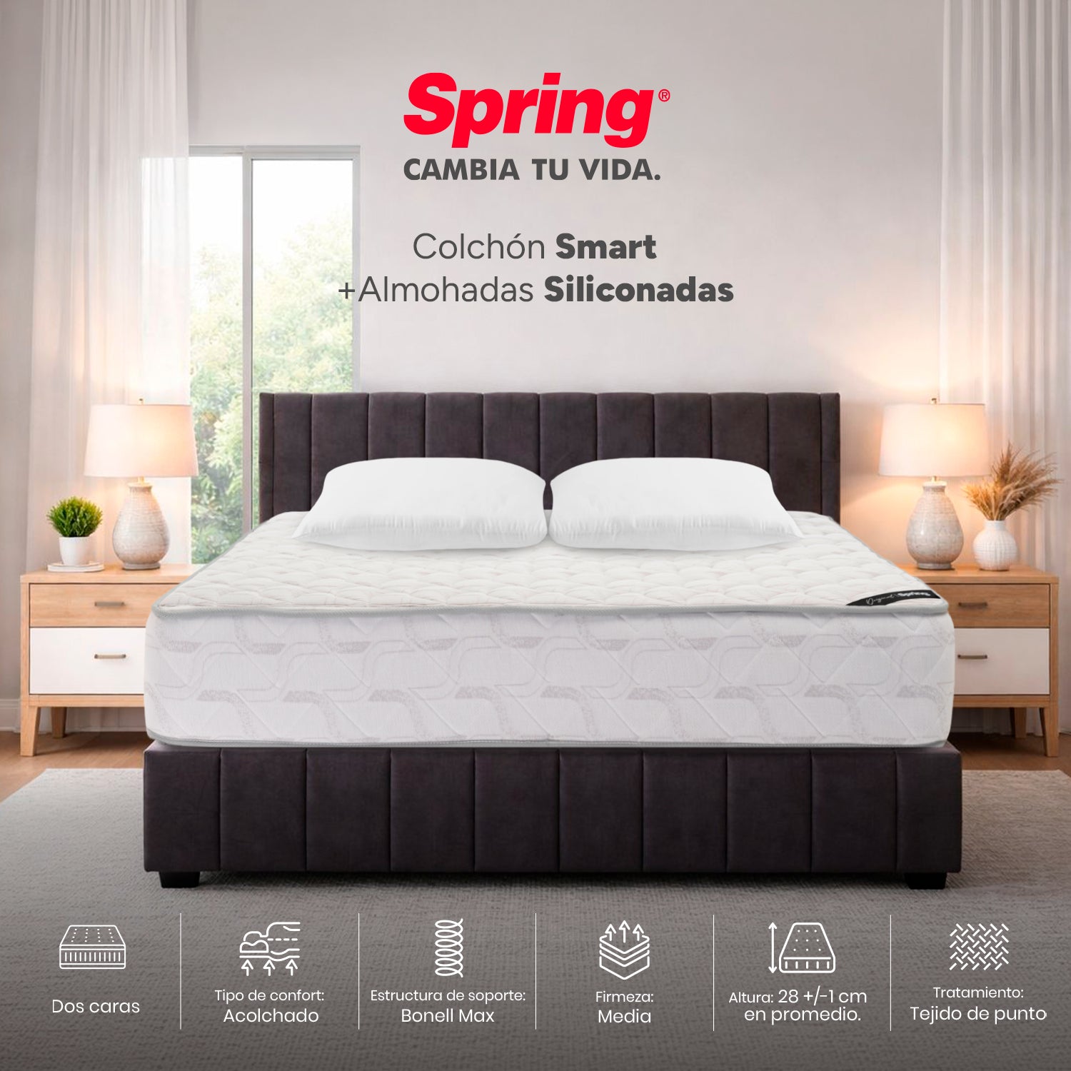 Colchón Spring Smart 160X190 Gratis Set Almohadas Siliconadas