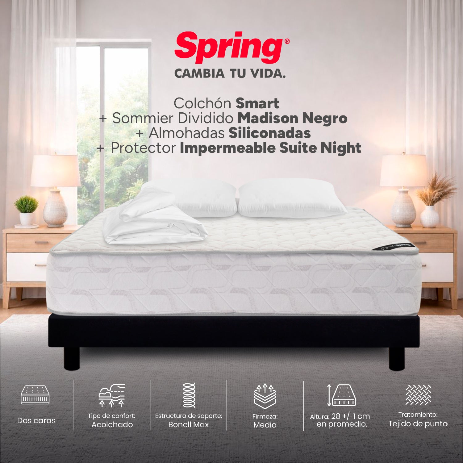 Combo Colchón Spring Smart Queen 160X190 Cm + Base Cama Negra Dividida + Almohadas + Protector