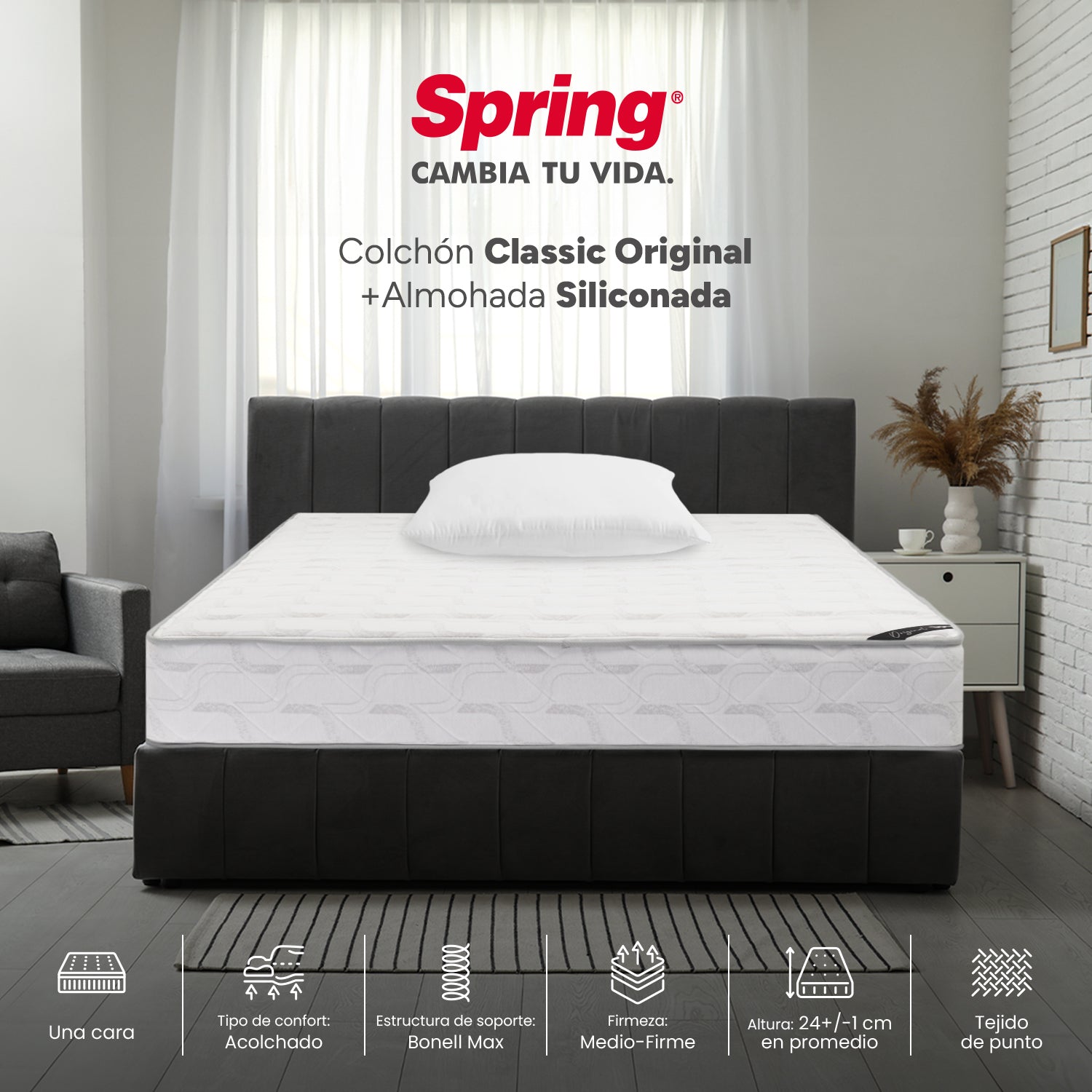 Combo Colchón Spring Classic Original Semisencillo 90X190 Cm + Set Almohada Siliconada