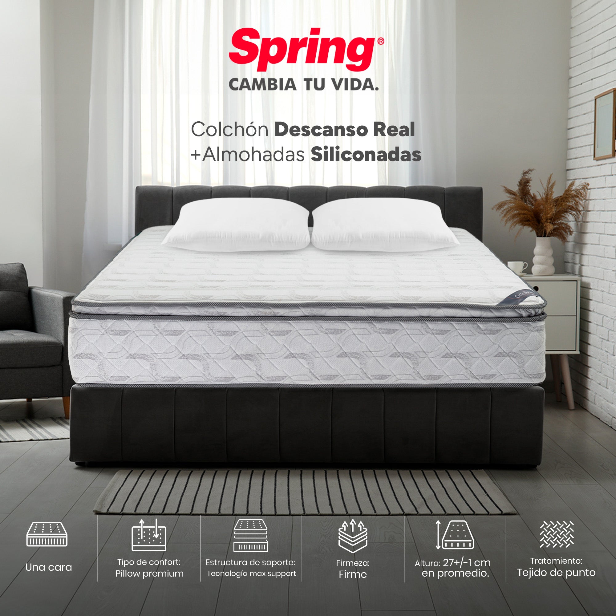 Colchón Spring Descanso Real Doble 140X190 Cm + + Set Almohadas Siliconadas