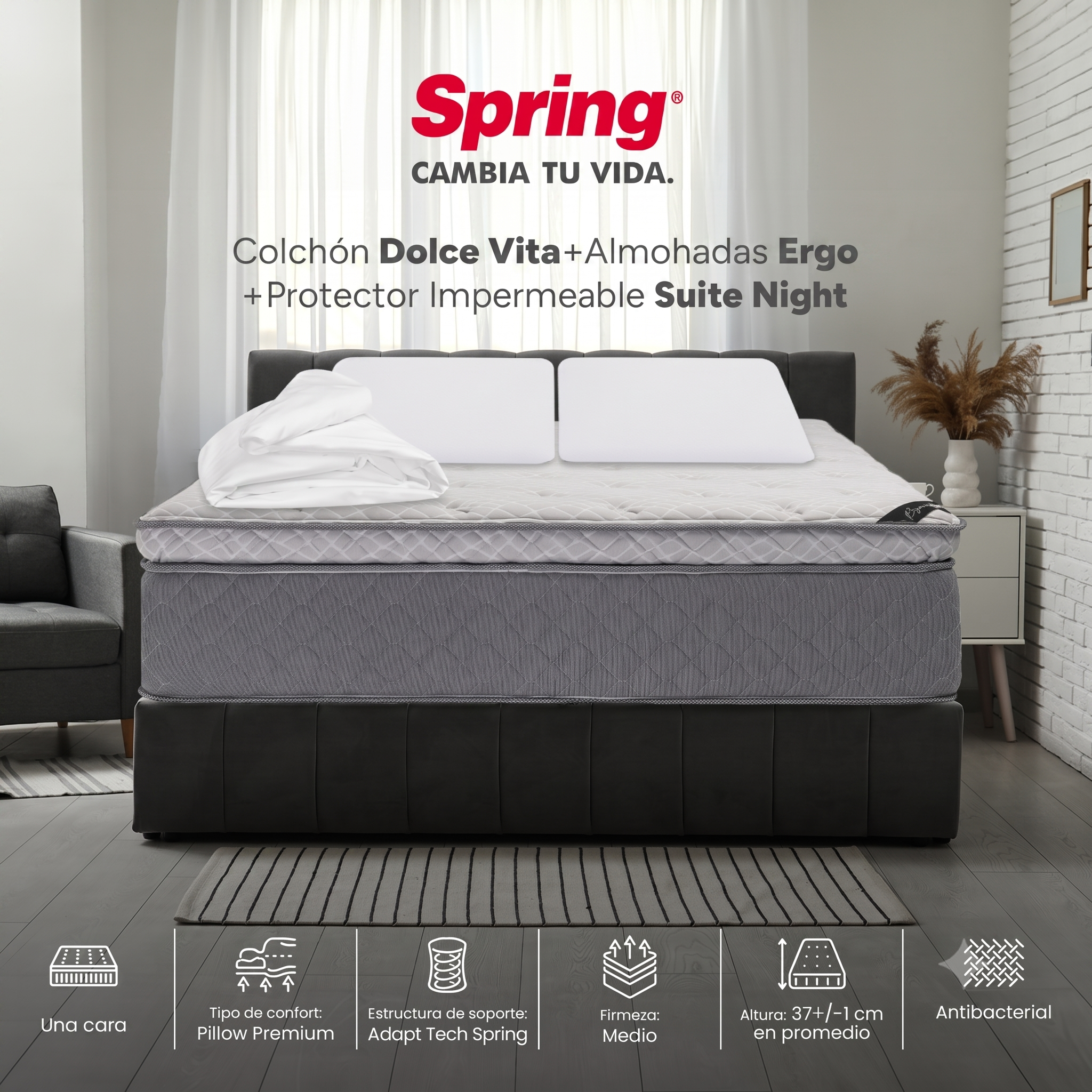 Colchón Spring Dolce Vita King 200X200 Cm  + Set Almohadas Siliconadas + Protector