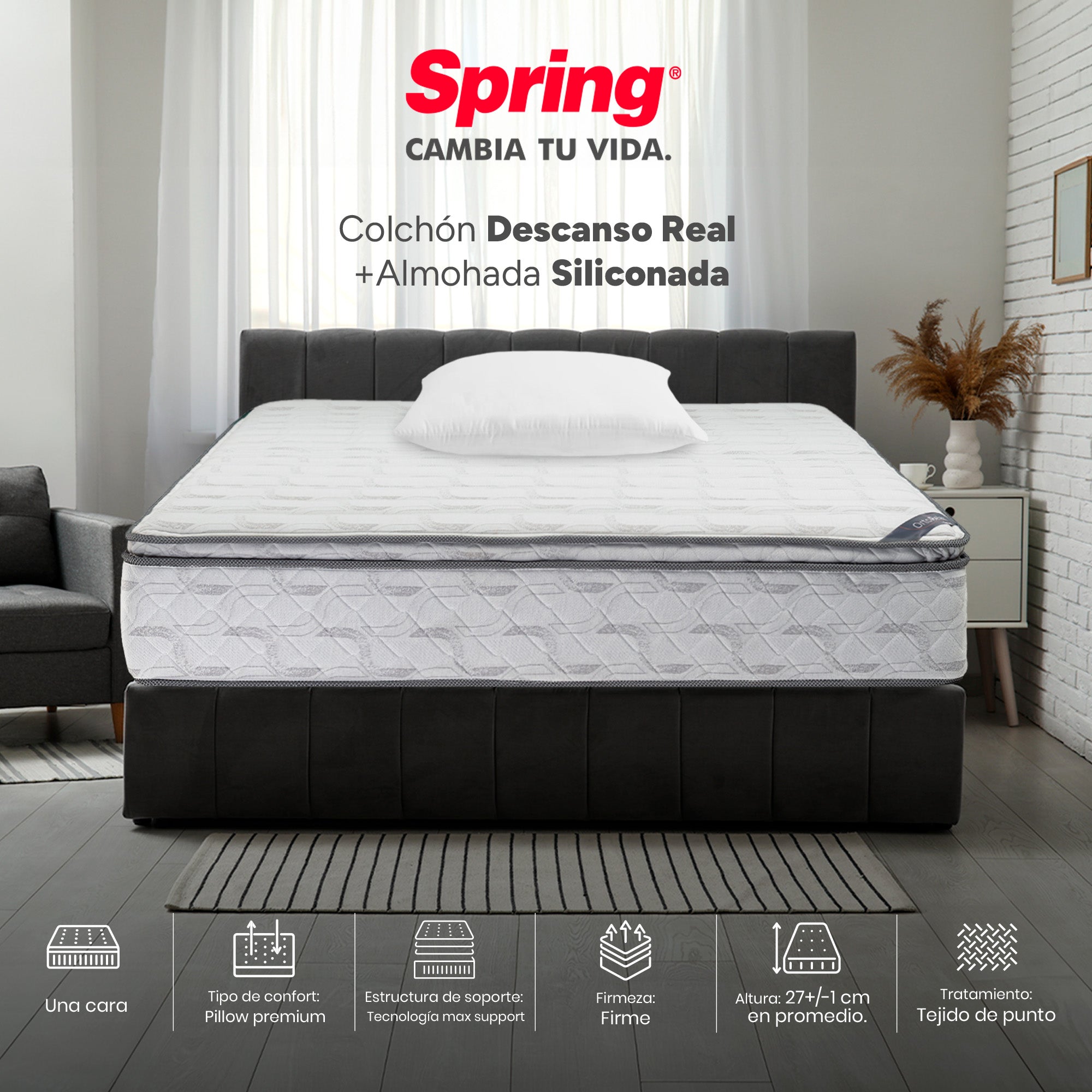 Colchón Spring Descanso Real Sencillo 100X190 Cm + Set Almohada Siliconada