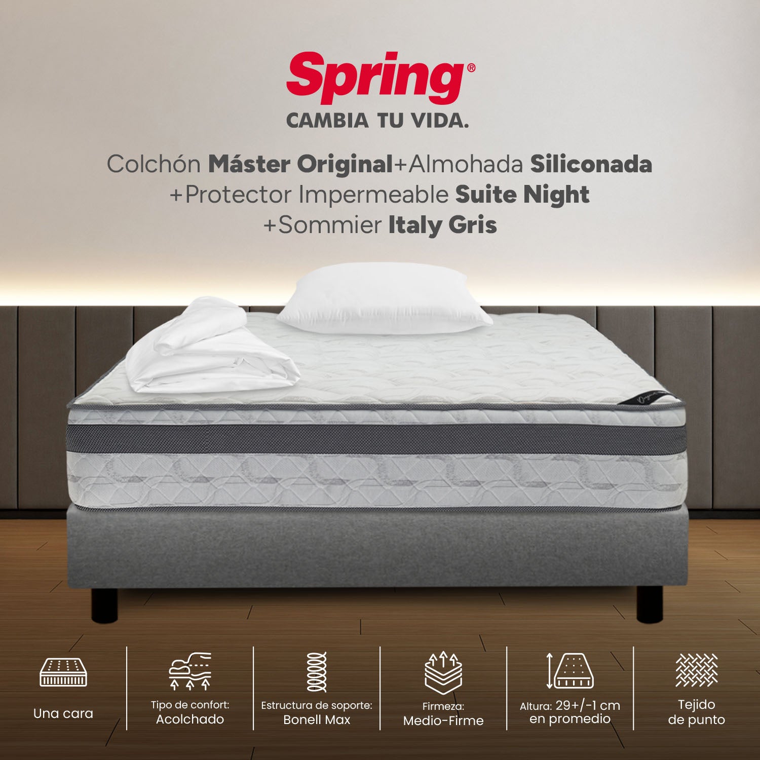 Combo Colchon Spring Master Original-100X190+Sommier  Italy Gris +Set X 2 Almohadas Siliconadas + Protector