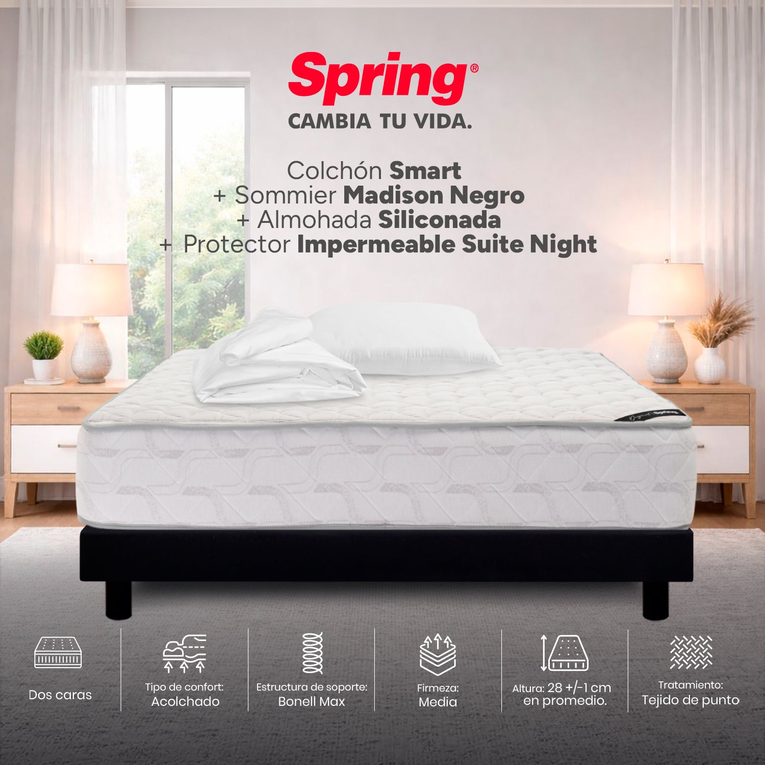 Combo Colchón Spring Smart Sencillo 100X190 Cm + Base Cama Negra + Almohada + Protector