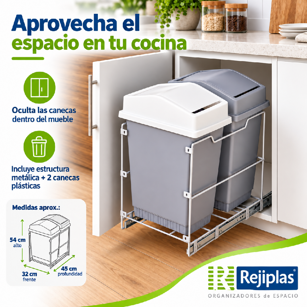 Basurera Doble Extraible 36 L para Cocina Módulo 40 cm Blanco Rejiplas