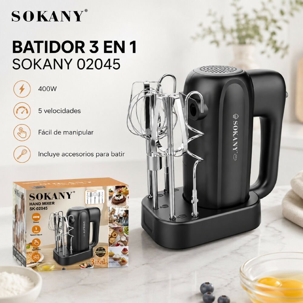 Batidor Electrico Sokany 3 En 1 SK-02045 Con 400W De Potencia Cocina Batidora