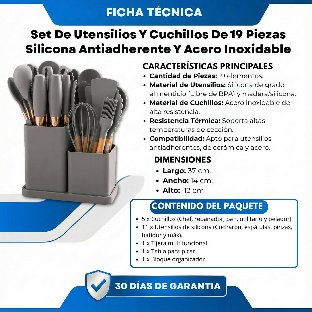 Set De Utensilios Y Cuchillos De 19 Piezas Silicona Antiadherente Y Acero Inoxidable Gris