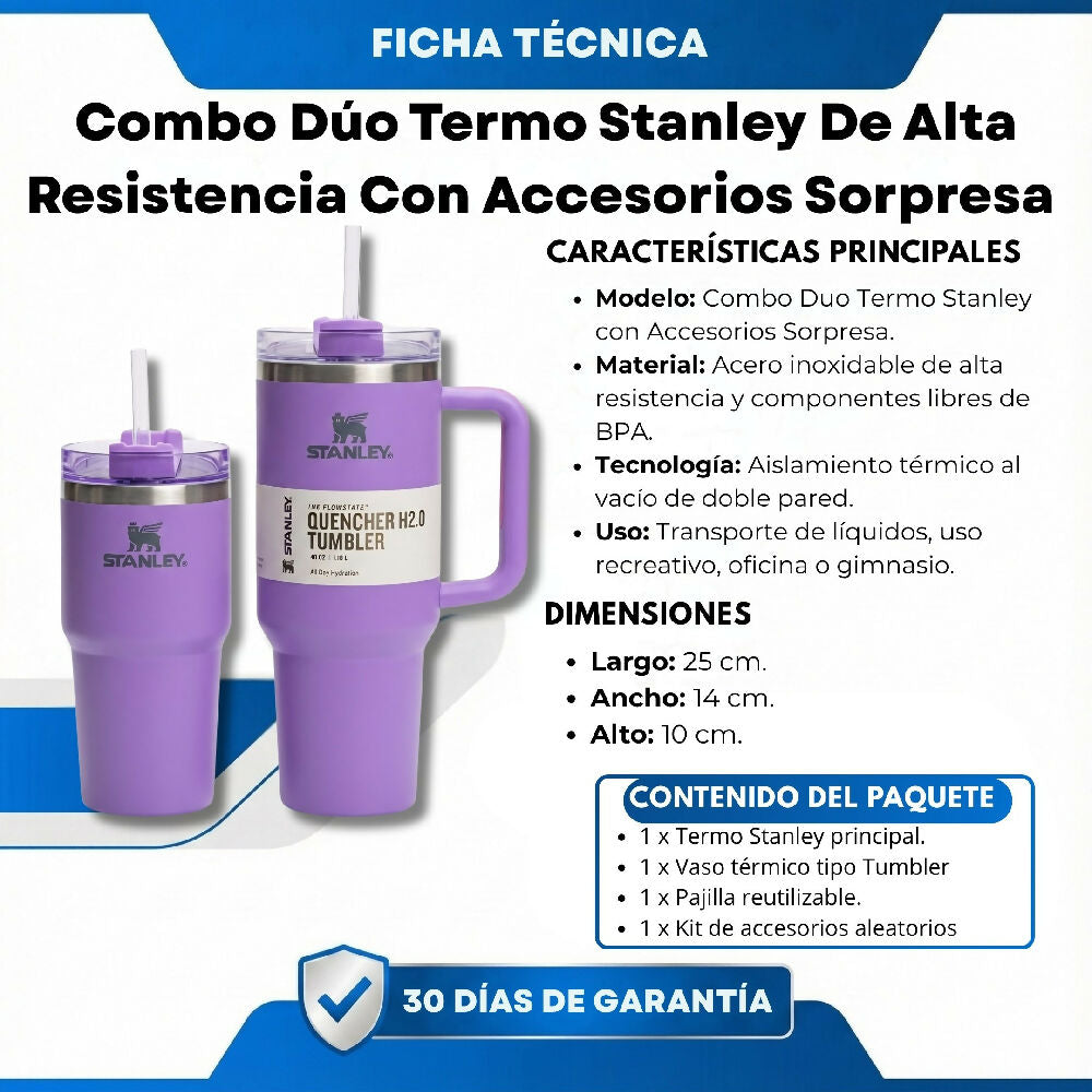 Combo Dúo Termo Stanley De Alta Resistencia Con Accesorios Sorpresa Morado