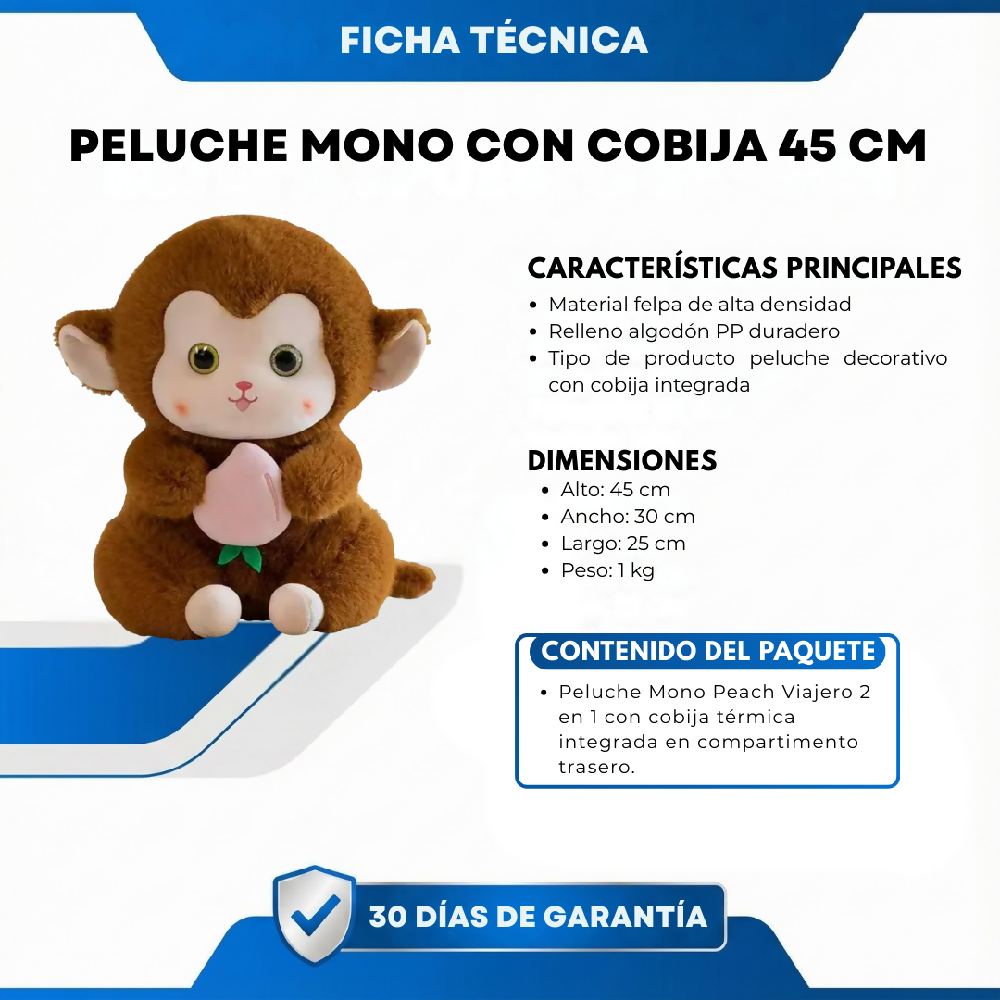 Peluche Mono Café 45 Cm Con Cobija Integrada – Compañero Suave Y Acogedor Ideal Para Regalo Y Descanso