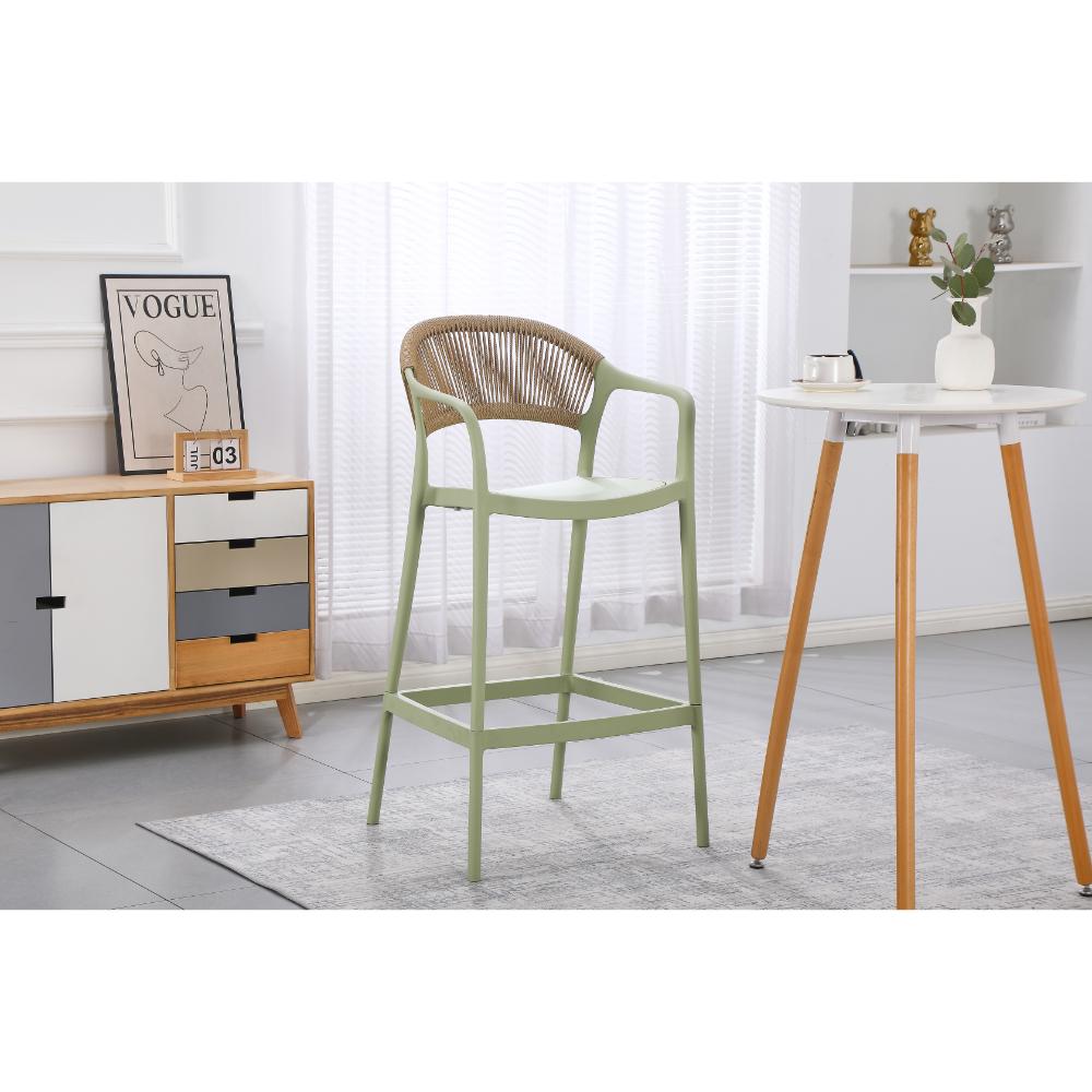 Silla para Bar Bali, Verde, Con espaldar en cuerdas y diseño Moderno