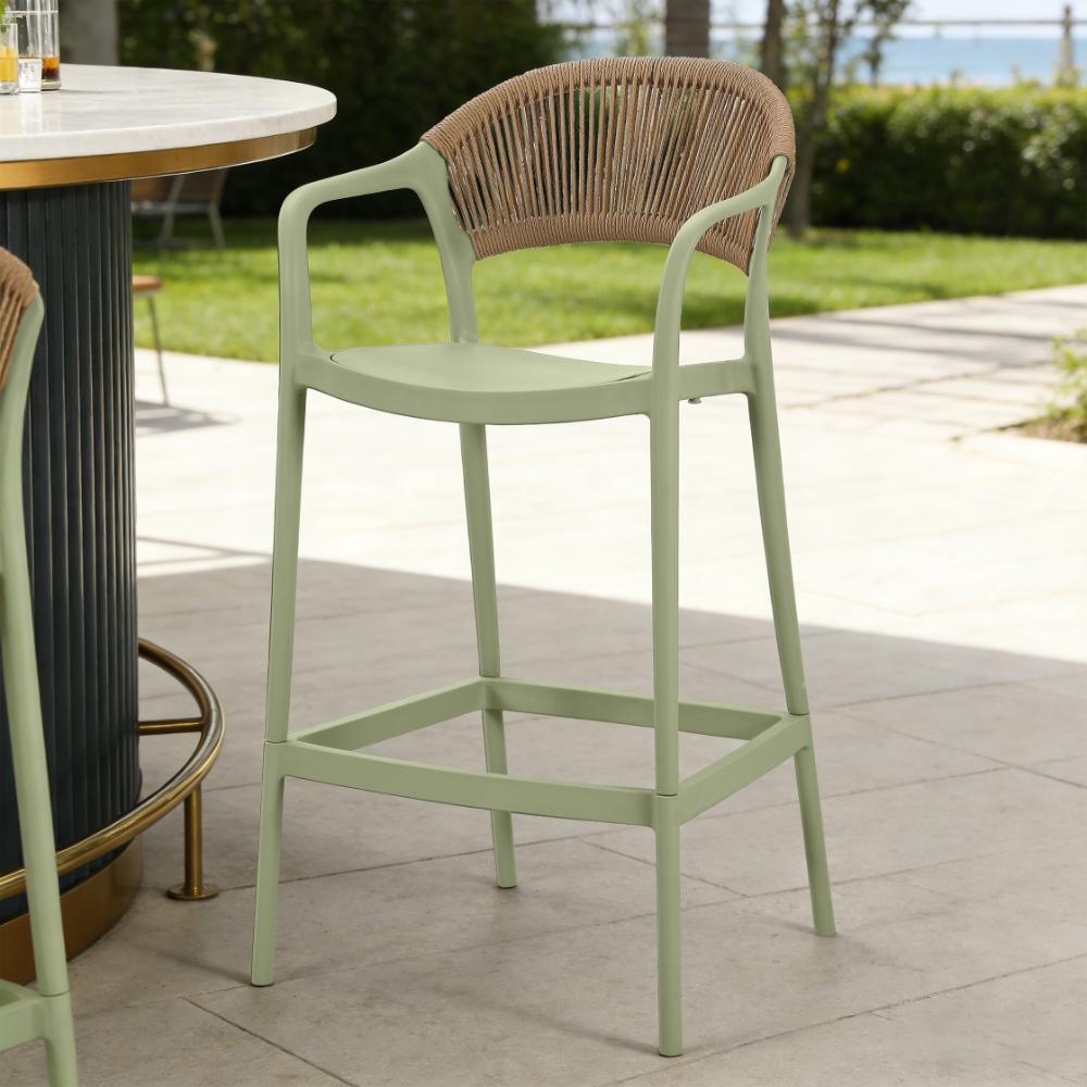 Silla para Bar Bali, Verde, Con espaldar en cuerdas y diseño Moderno