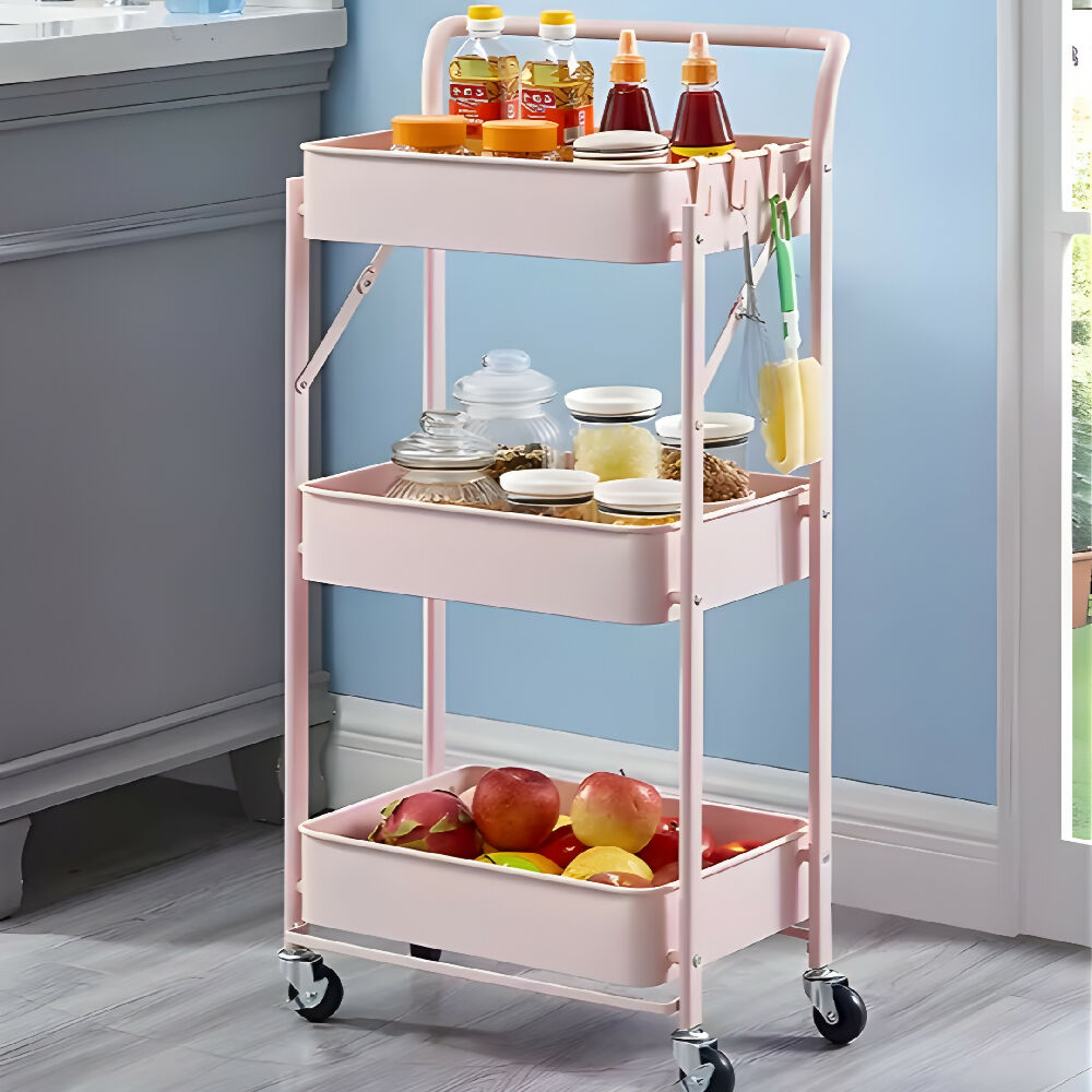 Organizador Metálico Plegable OR08 Con Ruedas Carrito Multiusos De 3 Niveles Para Cocina Y Hogar