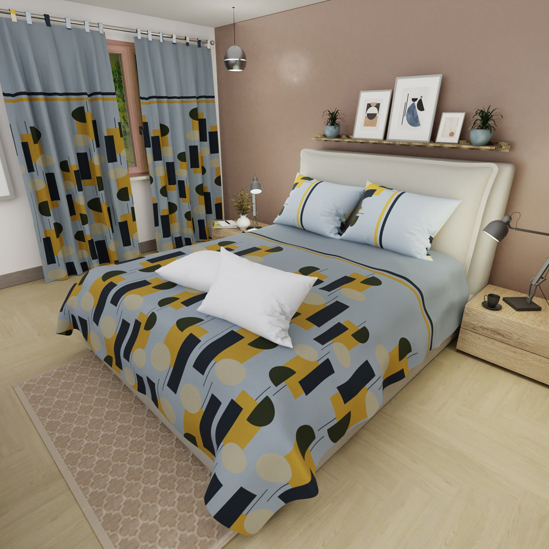 Combo Juego De Sábanas Con Cortinas Linea Azuly Un Par De Almohada
